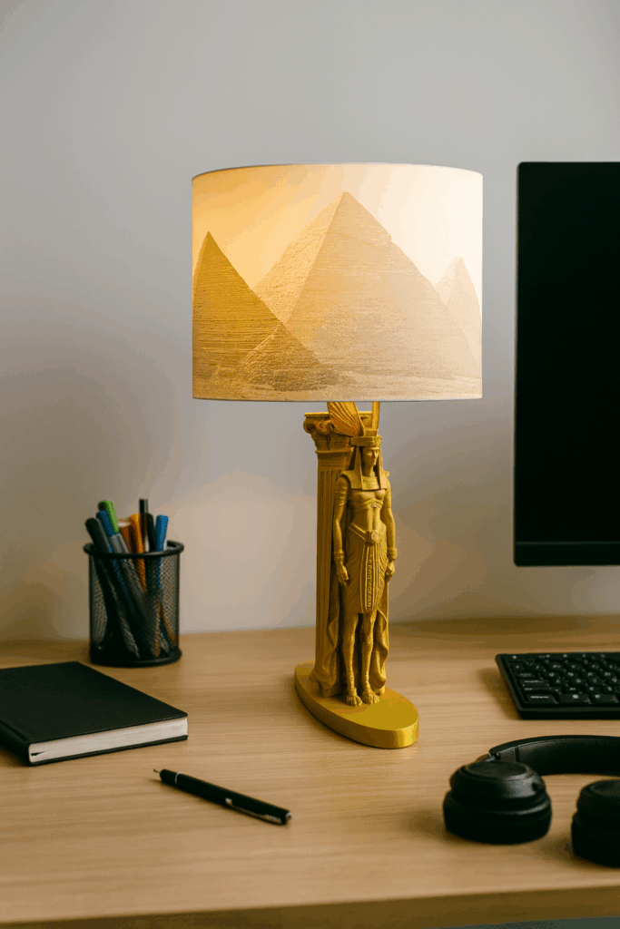 Lampe égyptienne artisanale en impression 3D, abat-jour lithophanie illuminé avec pyramides d’Égypte sur une table en bois.