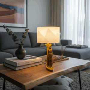 Lampe égyptienne artisanale en impression 3D, abat-jour lithophanie illuminé avec pyramides d’Égypte sur une table en bois.