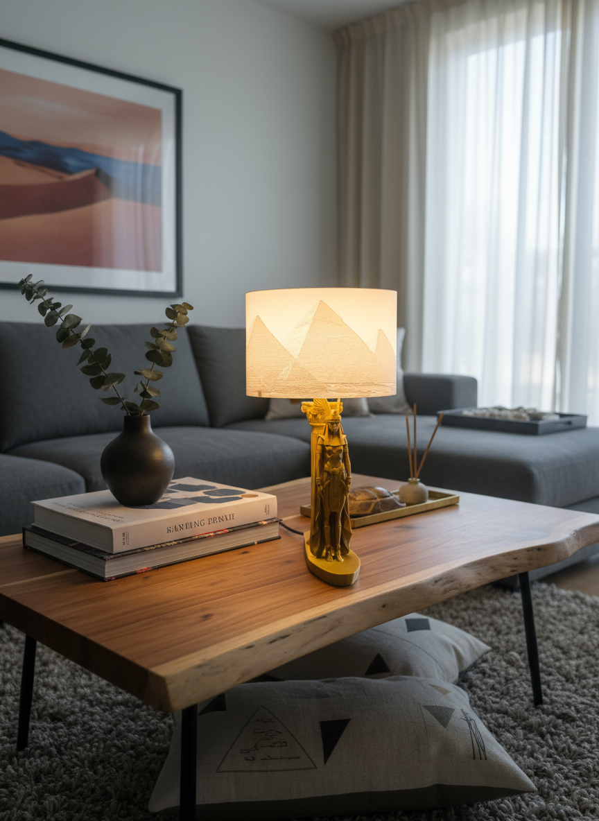 Lampe égyptienne artisanale en impression 3D, abat-jour lithophanie illuminé avec pyramides d’Égypte sur une table en bois.