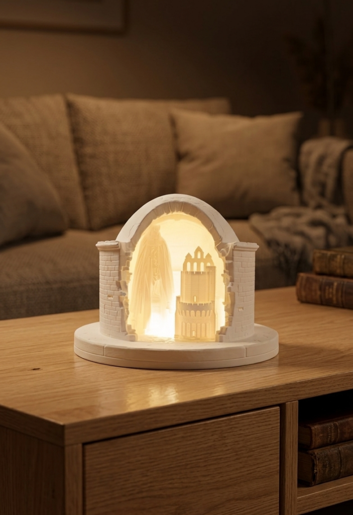 Veilleuse Sainte Sara des Saintes-Maries-de-la-Mer en PLA, conçue et imprimée en France par 2R3D, avec LED multicolore télécommandée pour choisir l’ambiance lumineuse, représentant l’église fortifiée, la crypte et les symboles de Sainte Sara la Noire, patronne des voyageurs, idéale pour une décoration spirituelle apaisante