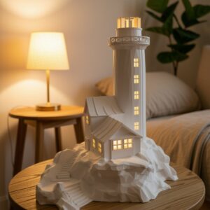 La Veilleuse phare en PLA+ blanc transforme un repère maritime en lumière décorative. Cette veilleuse de la gamme Luminaire est fabriquée en impression 3D artisanale en Provence par 2R3D.